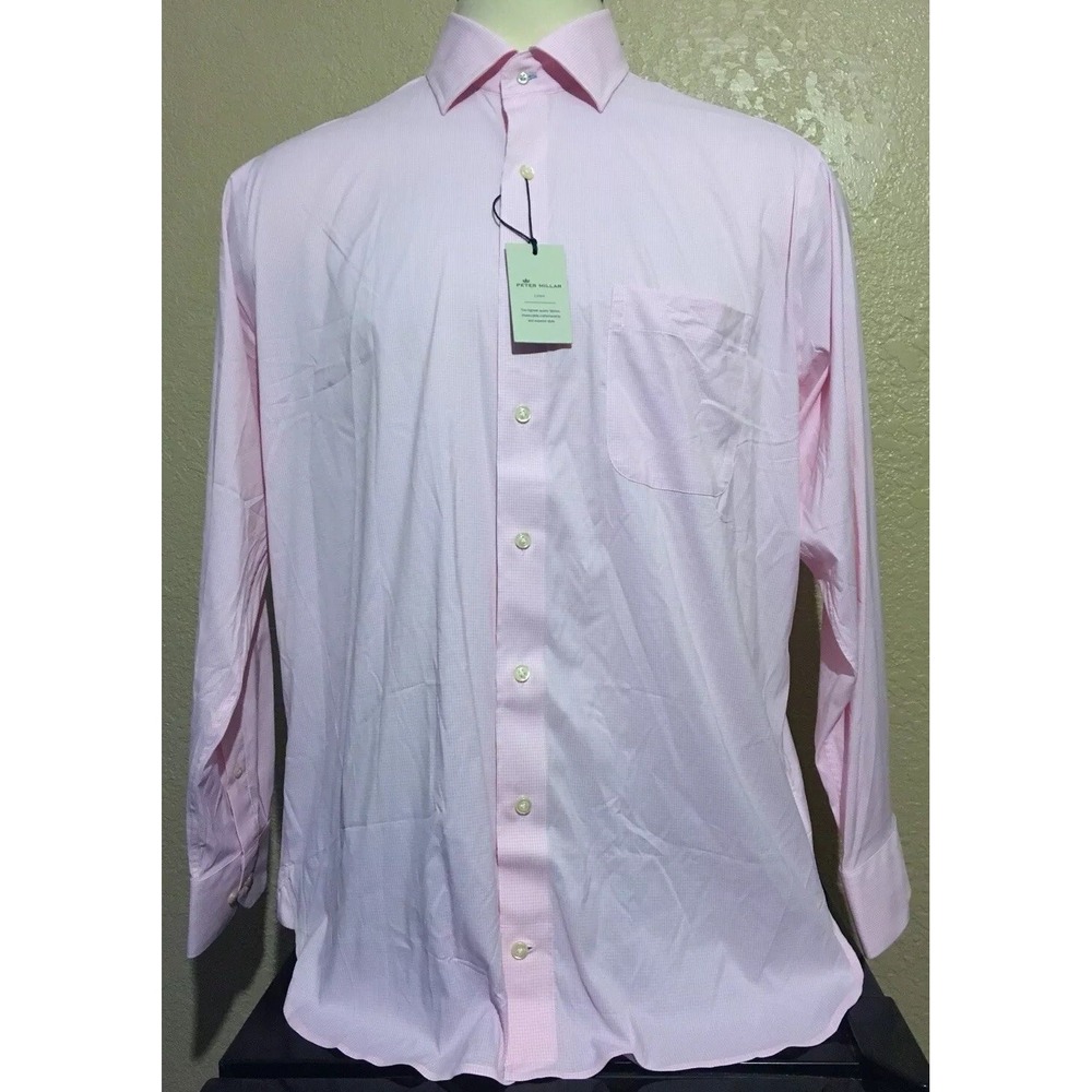 NEW Peter Millar Crown Men's Size 17 Long Pink Gingham Check Performance Shirt